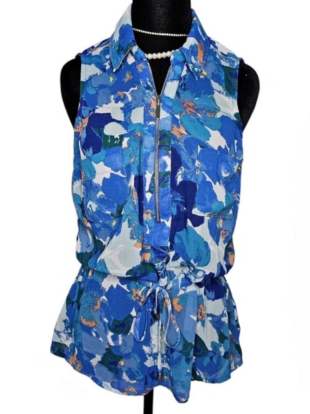 G by GUESS Floral Sleeveless Cinch-Waist Top Size M